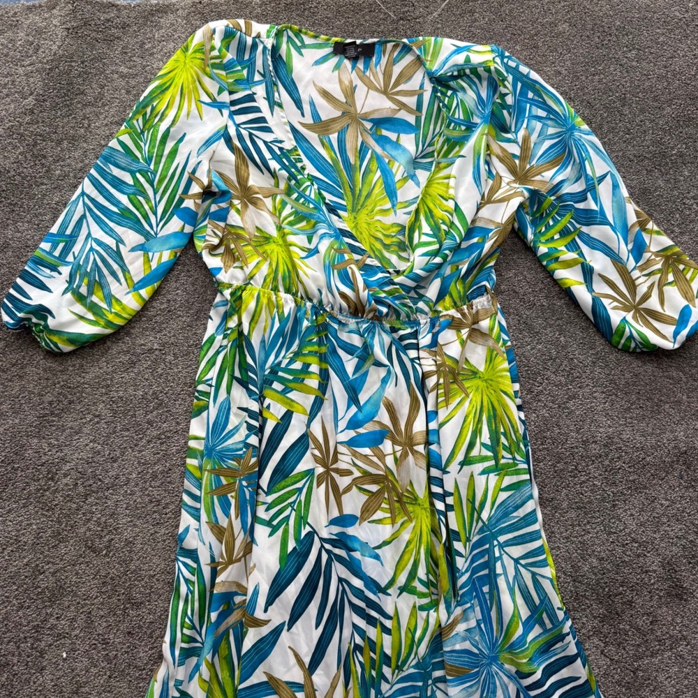 Forever 21+ Tropical Palm Leaf Print Maxi Dress Blue Green 3X Plus Size 6864